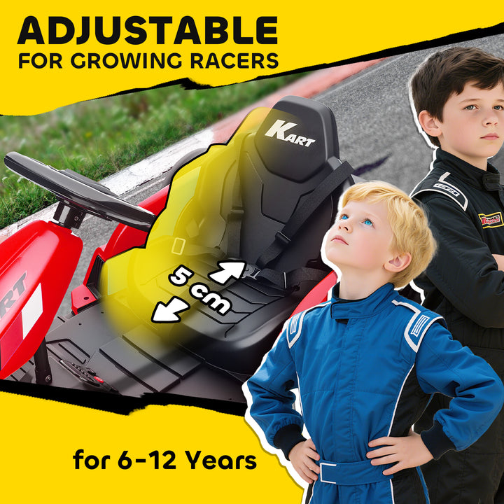 24V Electric Go Kart, Drift Kart with Adjustable Seat, Slow Start, 5-Point Harness, Music, Horn, for 6-12 Years
