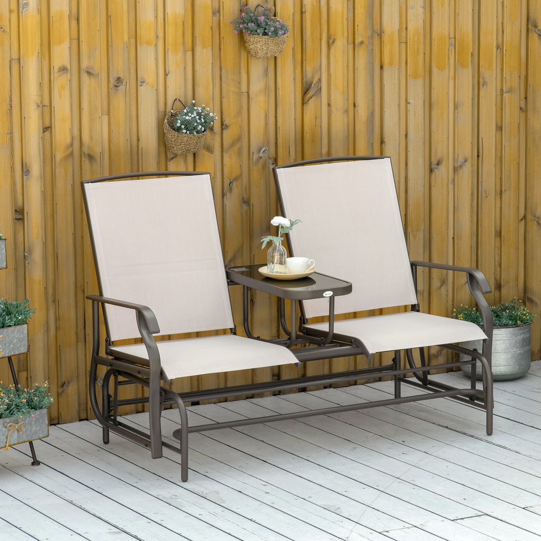 2 Seats Garden Glider Bench, Metal Frame Loveseat with Glass Top Centre Table, Porch Rocking Glider for 2 Person, for Deck, Patio, Brown/ Khaki