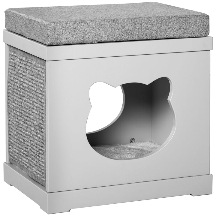 PawHut Cat House Bed Kitten Cave Cube Indoor for Small Pet with Removable Sisal Scratching Pads Soft Cushions, 41x30x36 cm, Grey | Aosom UK