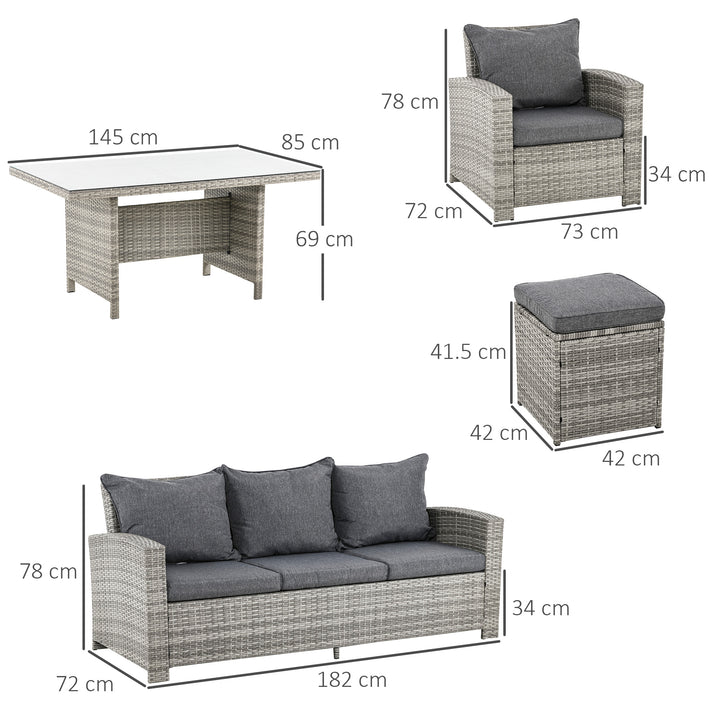 6 Pieces PE Rattan Garden Furniture Set with Three-seat, Armchairs and Footstools, Aluminium Patio Wicker Dining Sets w/ Glass Top Dining Table, Soft Cushion, Light Grey