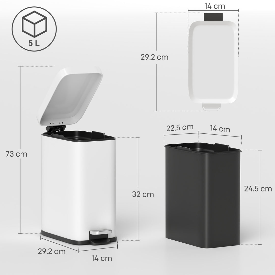 5L Rectangular Compact Bin Steel Body Removable Bucket Quiet-Close Lid w/ Pedal Lid Rubbish Trash Can Home Office Bedroom Bathroom Living Room Garbage Tidy Clean White
