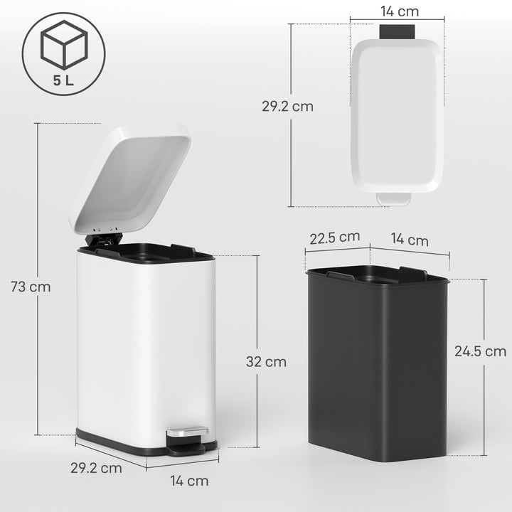5L Rectangular Compact Bin Steel Body Removable Bucket Quiet-Close Lid w/ Pedal Lid Rubbish Trash Can Home Office Bedroom Bathroom Living Room Garbage Tidy Clean White