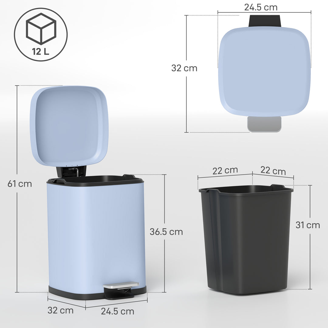 12L Modern Boxy Metal Home Kitchen Bin - Light Blue