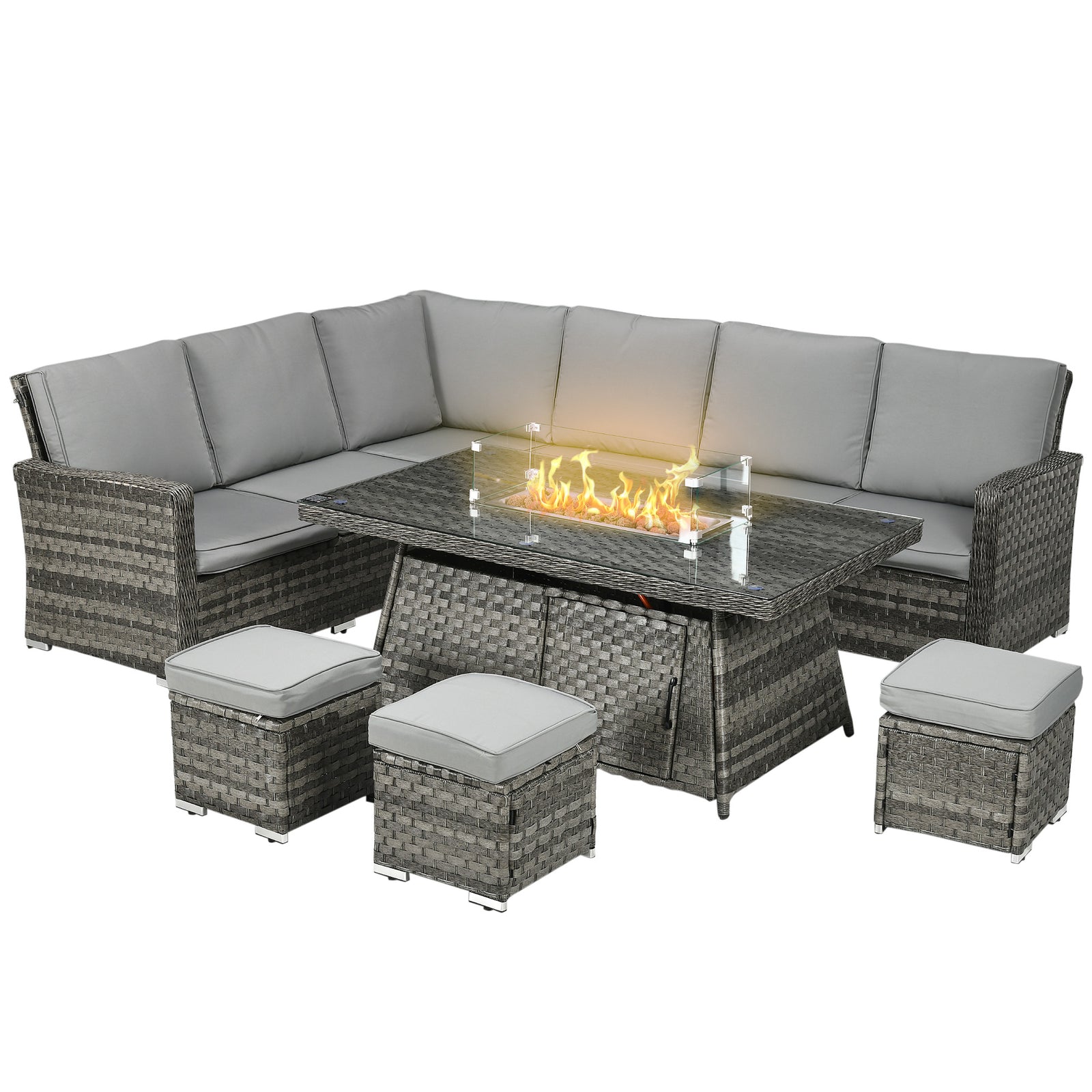 Seven-Piece Firepit Table Rattan Sofa Set - Grey