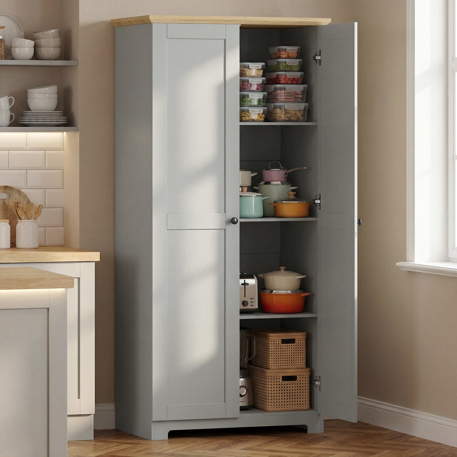 Kitchen Cupboard, 172cm Freestanding Storage Cabinet with Doors and Sh