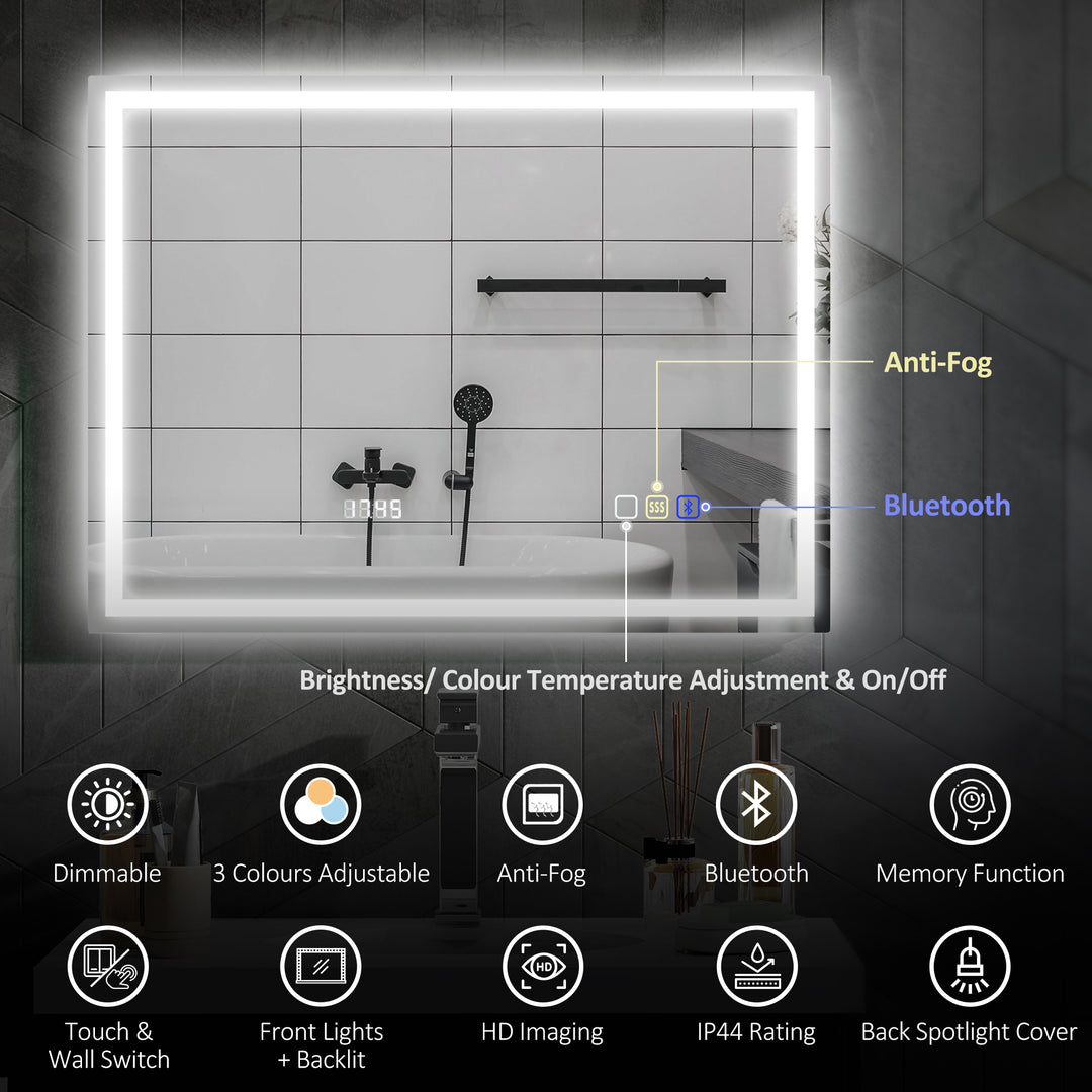 60 x 80 cm Anti-Fog LED Bathroom Mirror, with Bluetooth and Clock - Silver Tone