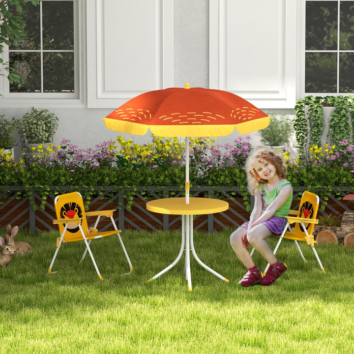 Outsunny Lion Themed Kids Outdoor Picnic Table & Chair Set, with Foldable Chairs, Adjustable Parasol, Yellow