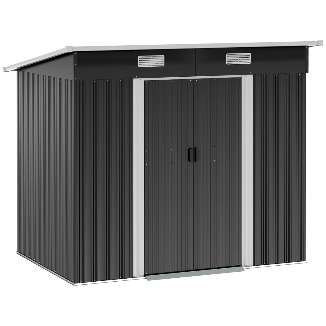 7 x 4ft Outdoor Storage Shed with Foundation Kit, Lean to Metal Garden Shed for Log, Rubbish Bin, Tool, Lawnmower, Bike, Patio and Lawn Use, Black