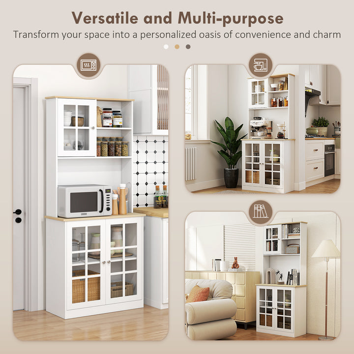 Freestanding Kitchen Cupboard, Storage Cabinet with Doors and Adjustable Shelves, Counter Top, Grid Glass Doors, 80L x 37W x 183H cm - White