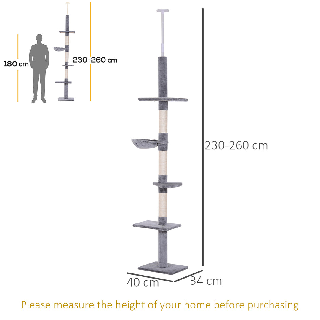 Floor to Ceiling Cat Tree for Indoor Cats 5-Tier Kitty Tower Climbing Activity Center Scratching Post Adjustable Height 230-260 cm Grey