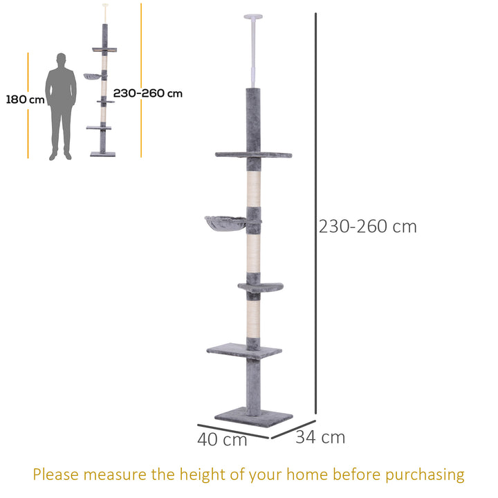 Floor to Ceiling Cat Tree for Indoor Cats 5-Tier Kitty Tower Climbing Activity Center Scratching Post Adjustable Height 230-260 cm Grey