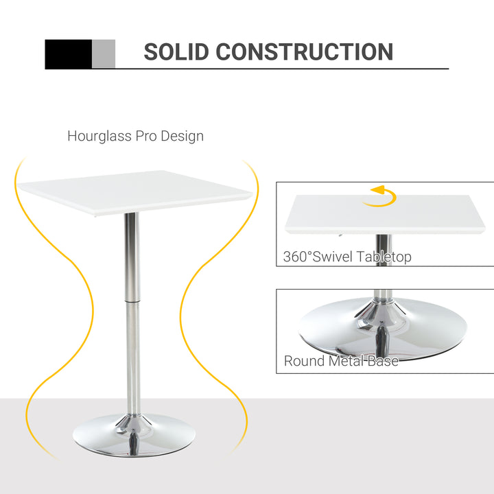 HOMCOM Square Height Adjustable Bar Table Counter Pub Desk with Metal Base for Home Bar, Dining Room, Kitchen, White