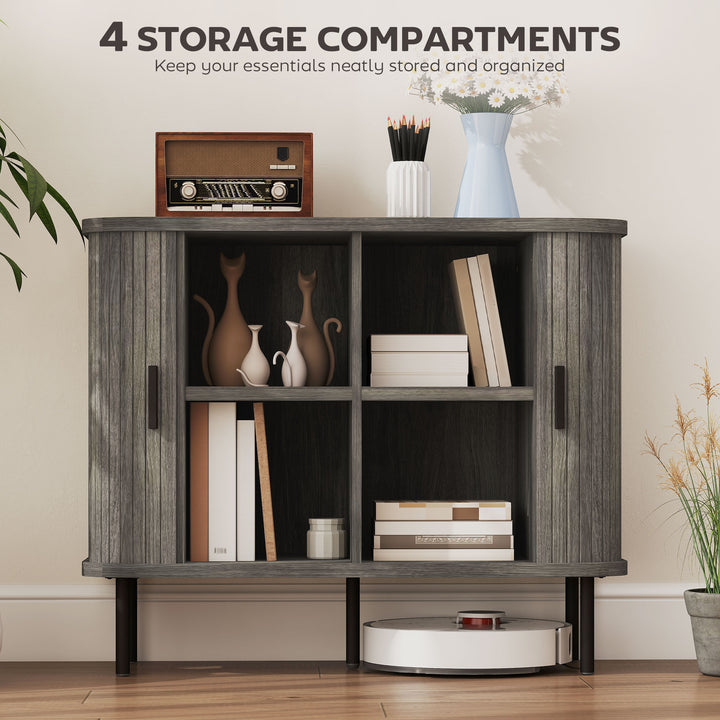 Mid-Century Modern Sideboard Storage Cabinet with Slatted Tambour Sliding Doors, Kitchen Cabinet with Steel Legs, Grey