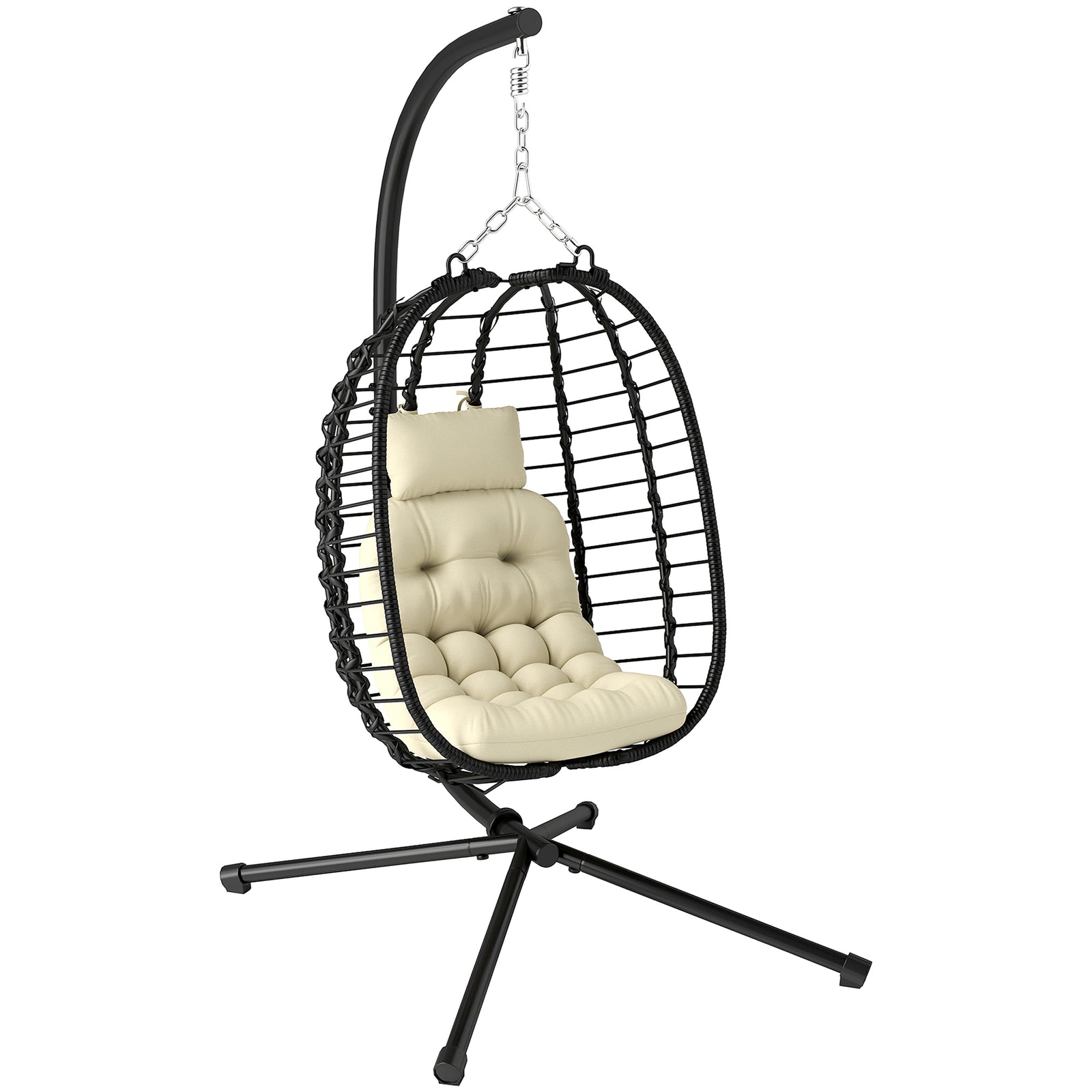 Rattan Hanging Egg Chair, Foldable Wicker Hammock Swing Chair with Cushion, Stand, Adjustable Height, Head Pillow, Steel Frame for Garden Patio Indoor Outdoor, Cream White