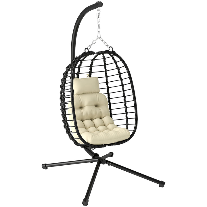 Rattan Hanging Egg Chair, Foldable Wicker Hammock Swing Chair with Cushion, Stand, Adjustable Height, Head Pillow, Steel Frame for Garden Patio Indoor Outdoor, Cream White