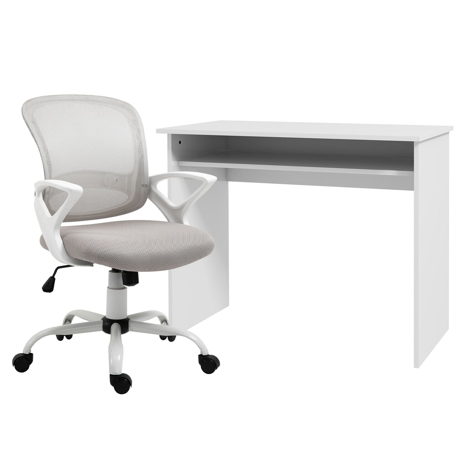 Home Office Chair and Computer Desk Set, Mesh Chair with Swivel Wheels, Study Desk with Storage Shelf, High Gloss White and Grey