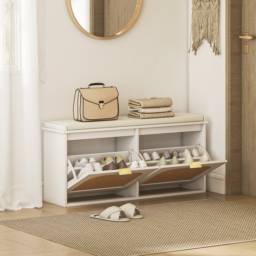 Boho Shoe Bench with Padded Seat and 2 Flip-Drawers