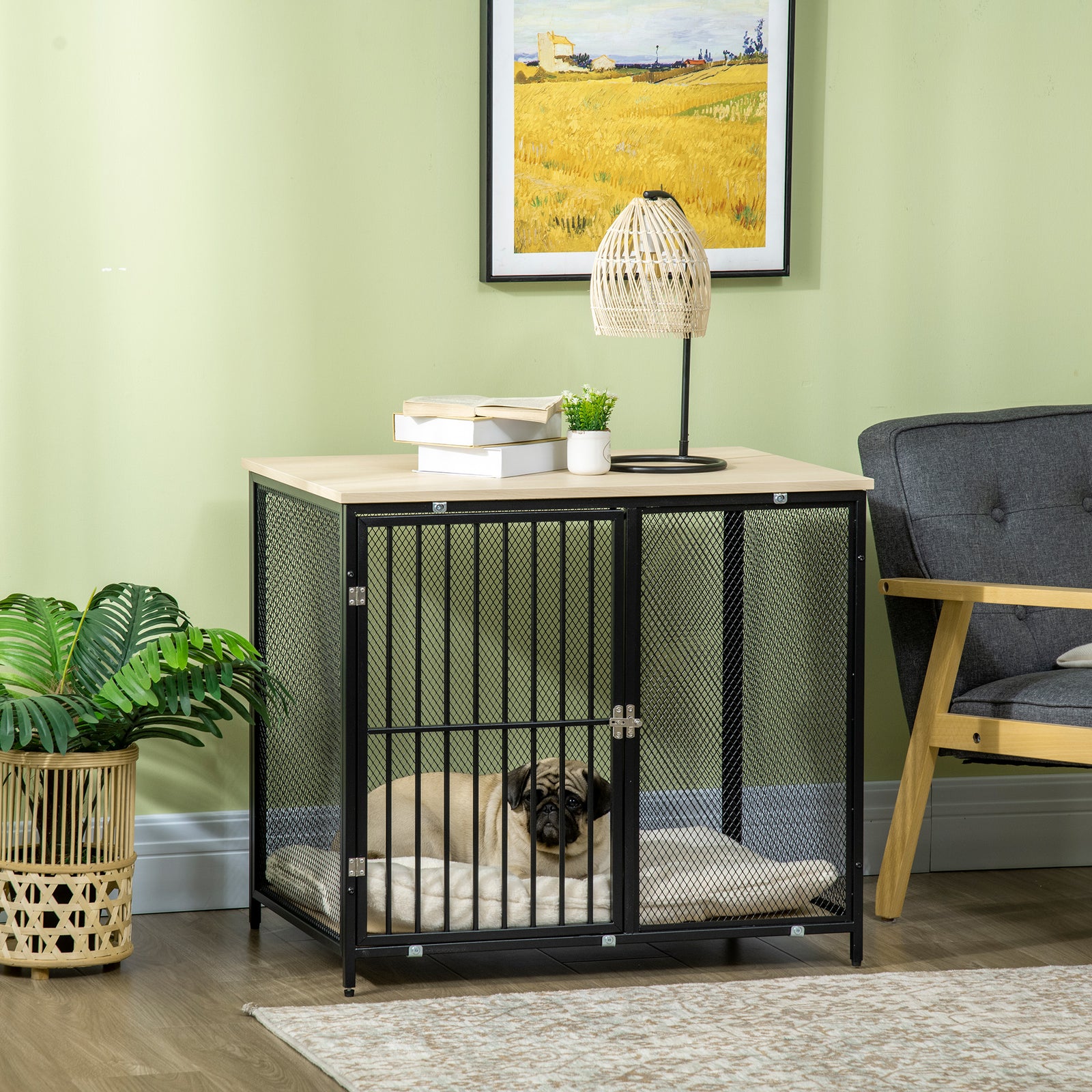 Dog Cage Side Table, with Cushion, for Small and Medium Dogs