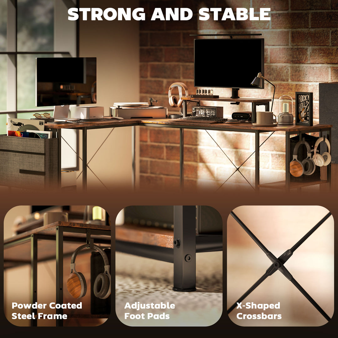 168cm Reversible L Shaped Desk, Industrial Corner Computer Desk with Adjustable Shelf and Storage Bag, 240cm 2 Person PC Table with Monitor Stand, Rustic Brown