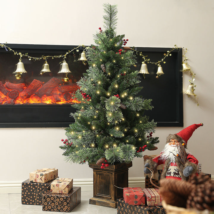 1.2m/4ft Artificial Christmas Tree with 100 Warm White LED Lights and 8 Modes, Small Xmas Tree with Red Berries, Pine Cones and Retro Base, Green
