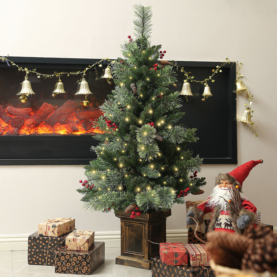 1.2m/4ft Artificial Christmas Tree with 100 Warm White LED Lights and 8 Modes, Small Xmas Tree with Red Berries, Pine Cones and Retro Base, Green