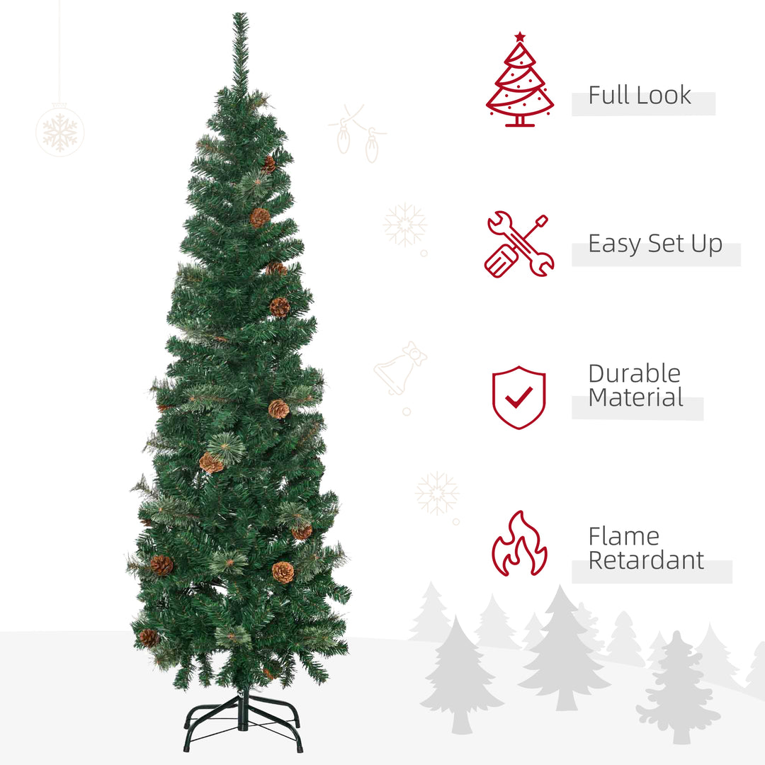 5.5FT Tall Pencil Slim Artificial Christmas Tree with Realistic Branches, Tip Count and Pine Cones, Pine Needles Tree, Xmas Decoration, Green
