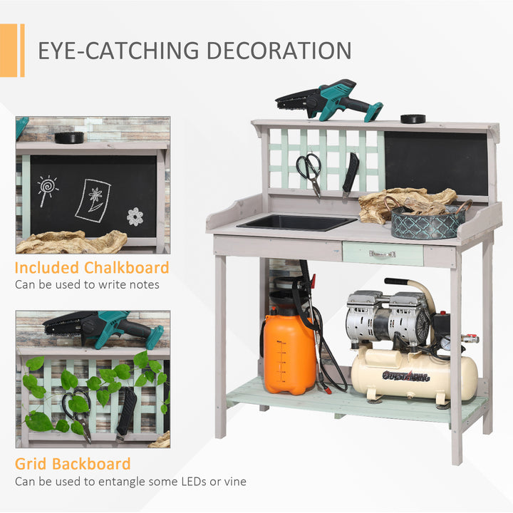 Garden Potting Table with Sink, Blackboard and Drawer, Wooden Planting Work Bench Workstation Outdoor Tool Storage Shelves