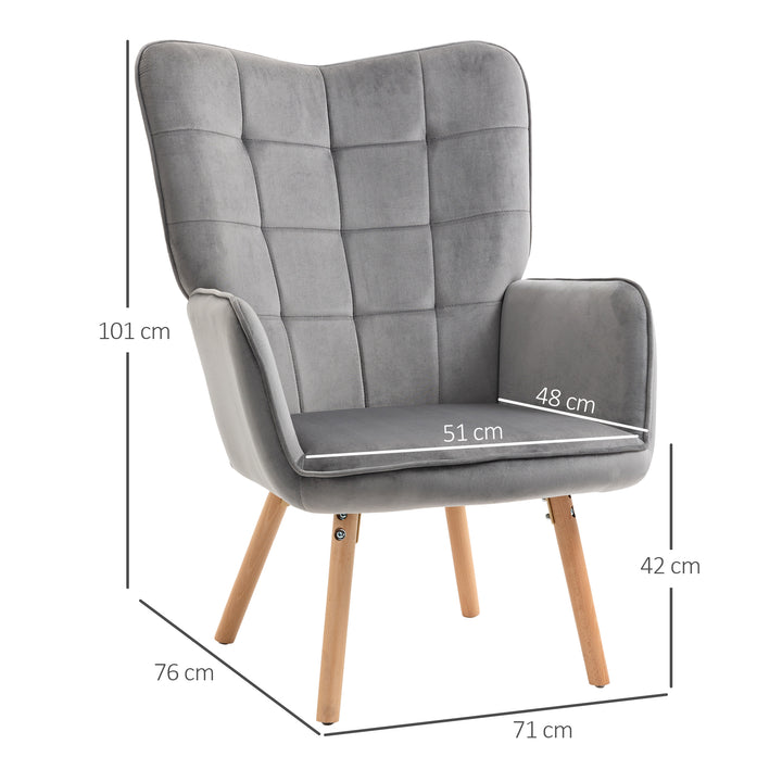 MCL Modern Accent Chair, Upholstered Tufted Wingback Armchair with Seat Padding, Velvet Leisure Lounge Bedroom Chair with Wood Legs, Grey