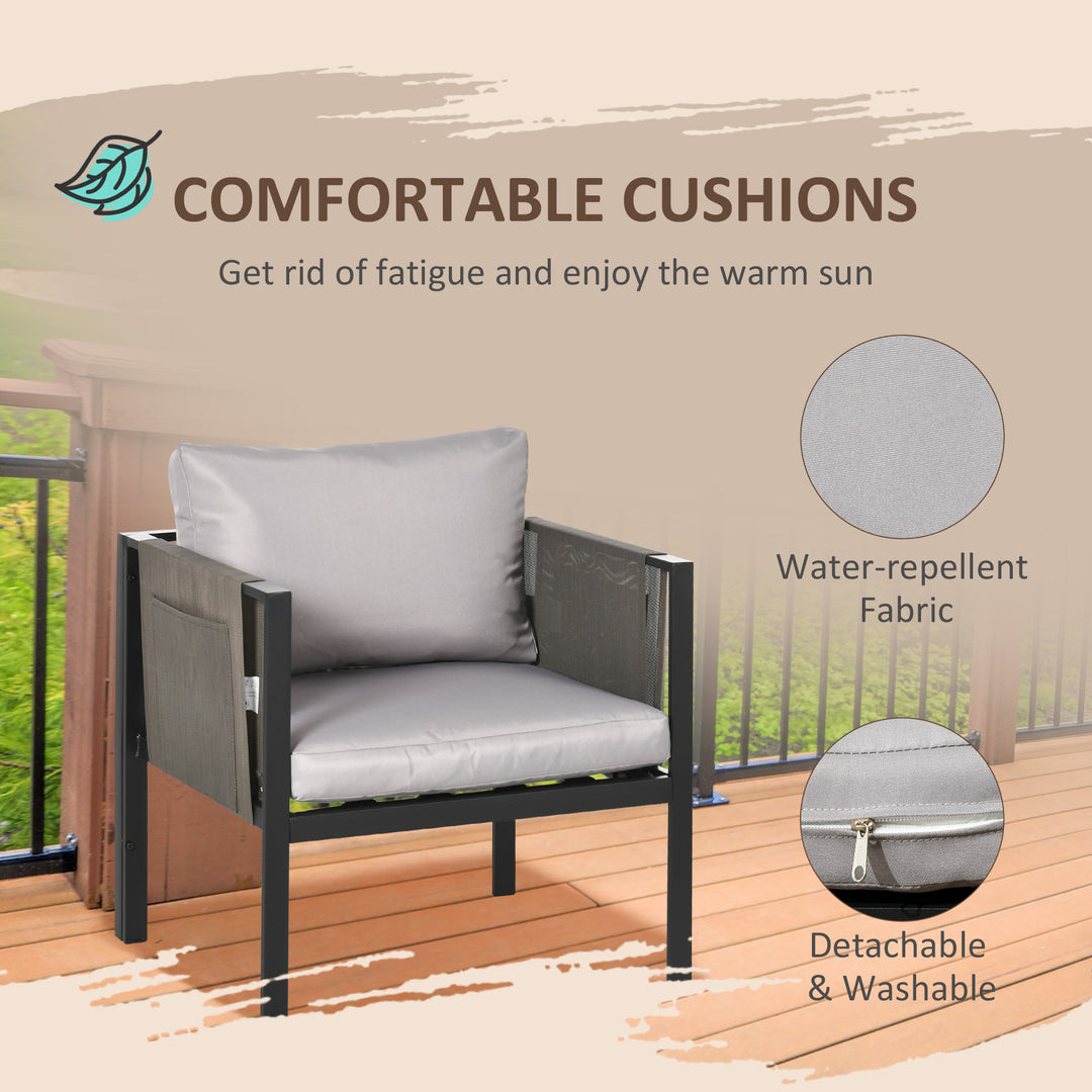 Outsunny 4 Piece Metal Garden Furniture Set with Tempered Glass Coffee Table, Patio Set Loveseat, Single Armchairs with Padded Cushions, Light Grey