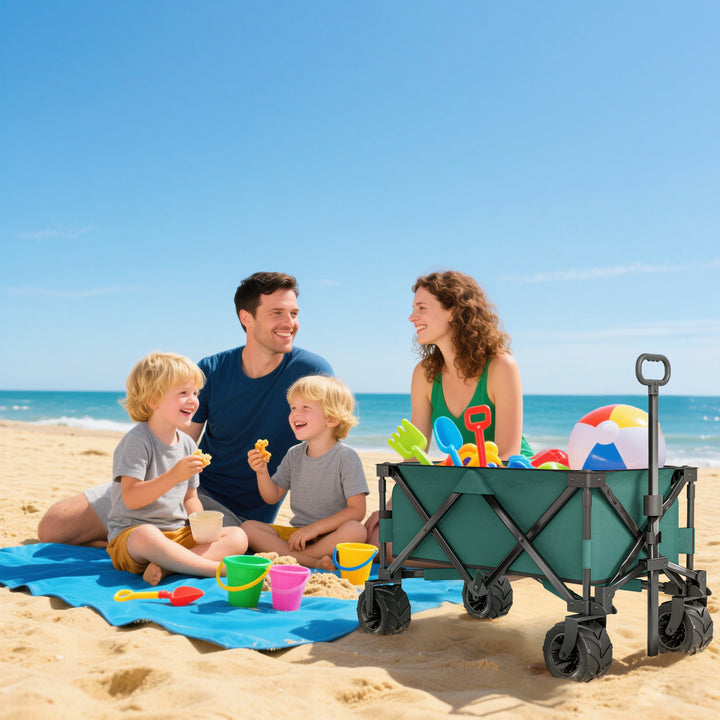 140L Festival Trolley on Wheels, Folding Camping Trolley Cart with Telescopic Handle, Big Wheels for Outdoor Garden Beach Fishing, Green