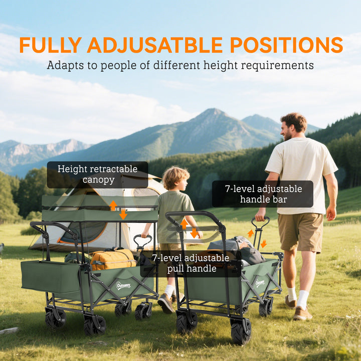Folding Trolley Cart Storage Wagon Beach Trailer 4 Wheels with Handle Overhead Canopy Cart Push Pull for Camping, Green