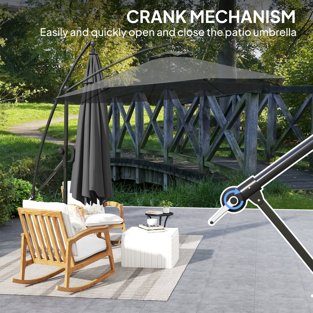 3(m) Garden Cantilever Parasol with Cover and Wind Protection Strap, Round Overhanging Umbrella with Crank Handle and Tilt, Banana Patio Umbrella for Outdoor Sun Shade, UPF50+, Grey