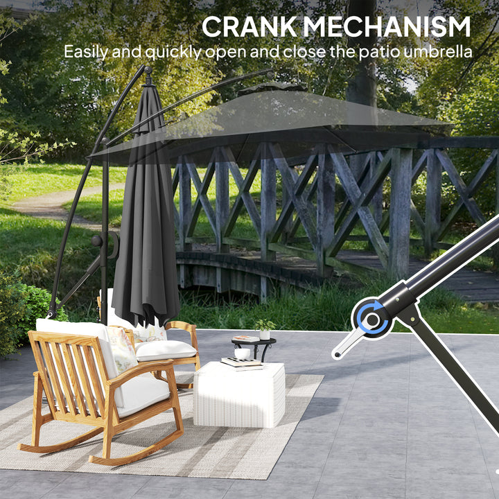 3(m) Garden Cantilever Parasol with Cover and Wind Protection Strap, Round Overhanging Umbrella with Crank Handle and Tilt, Banana Patio Umbrella for Outdoor Sun Shade, UPF50+, Grey