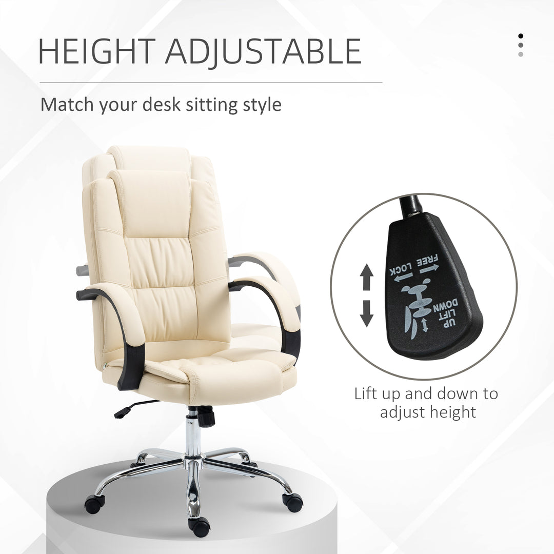 Office Chair, PU Leather Desk Chair with 13cm Soft Padded Seat and Backrest, Swivel Chair with Adjustable Height and Rolling Wheels, Beige