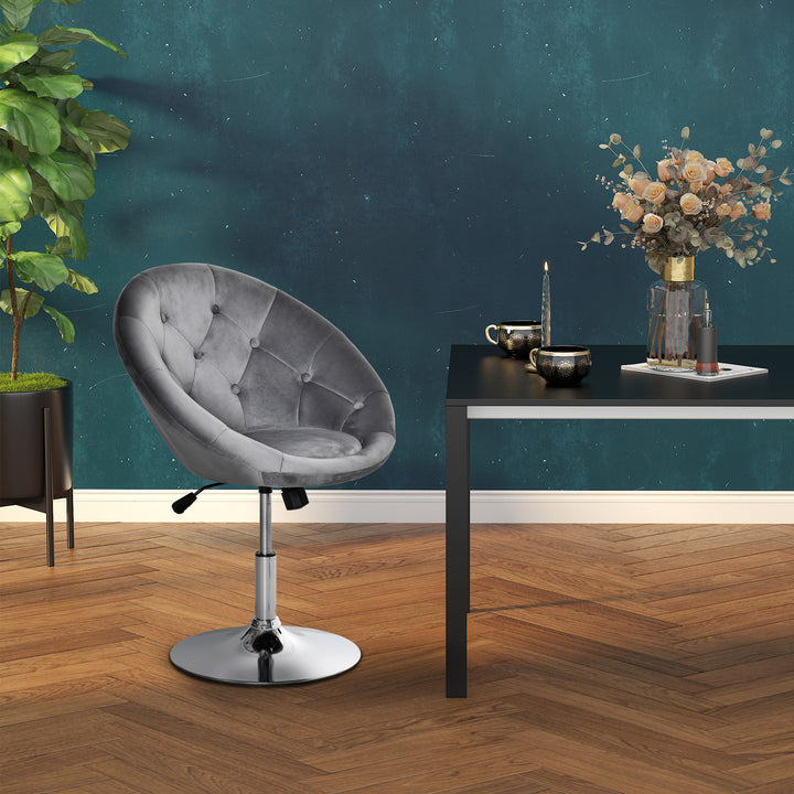 Swivel Dressing Stool, Velvet-feel Upholstered Vanity Chair, Adjustable Height Tub Makeup Chair with Button Tufting and Thick Padding for Bedroom, Grey