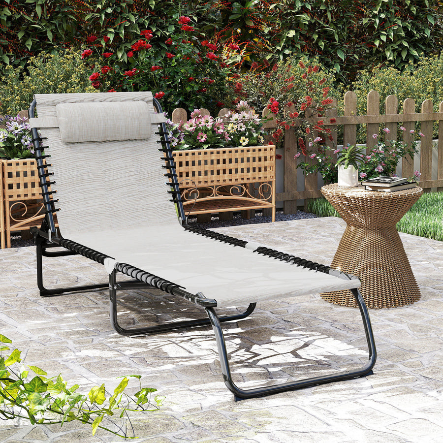 Foldable Sun Lounger, Outdoor 4 Level Adjustable Backrest Reclining Chaise Chair, Steel Frame Recliner Chair for Camping, Hiking, Cream White