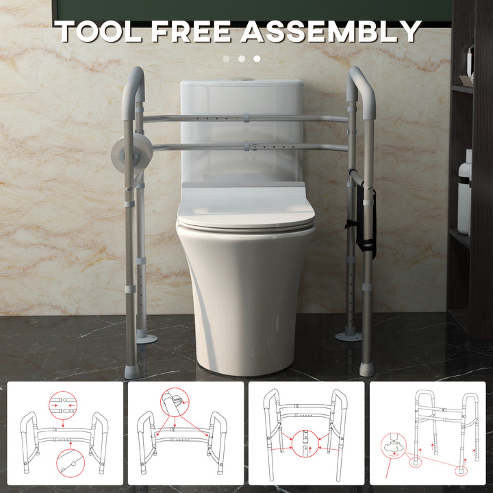 Free Standing Toilet Frame, Height and Width Adjustable Toilet Safety Frame with Arms, 2 Additional Suction Cups, Storage for Elderly, Disabled, Handrail Grab Bar, 136kg Weight Capacity
