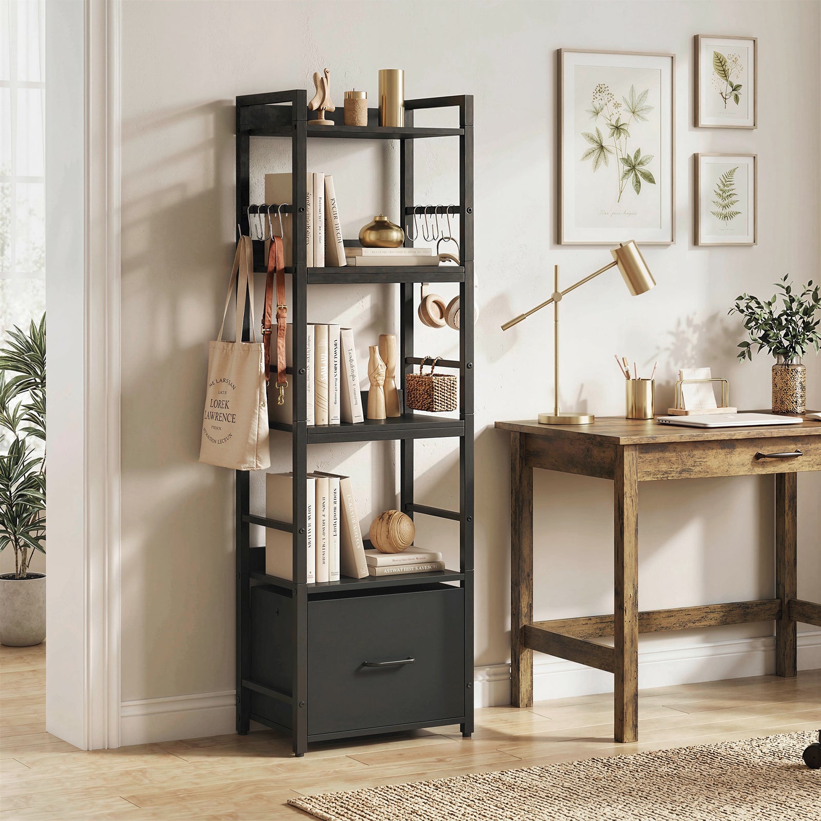 4-Tier Bookshelf, Narrow Bookcase with Drawer, 8 Hooks, Metal Frame, B