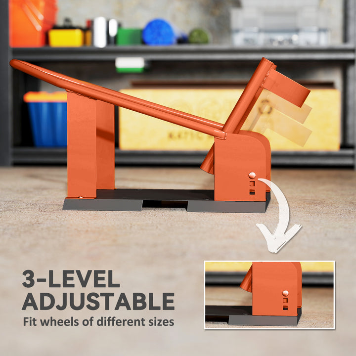 Motorcycle Wheel Chock, 816.5 kg Capacity Heavy Duty Steel Motorcycle Front Wheel Chock Holder with 3 Height Adjustable Holes, Fits 381-533.4 mm Wheels, Orange