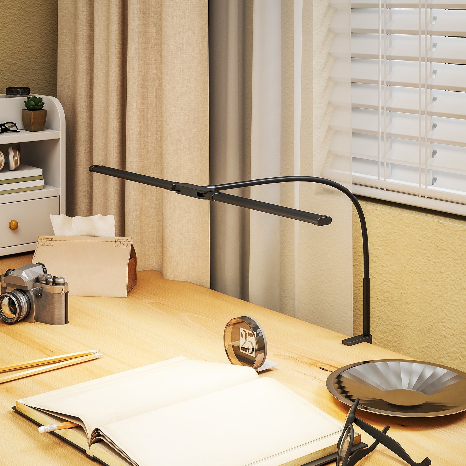 LED Desk Lamp with Clamp, Double Head Table Lamp with 3 Colour Modes & 10 Brightness Levels, Flexible Gooseneck Reading Desk Light with Timer and Memory Function for Study, Office, Work, Black