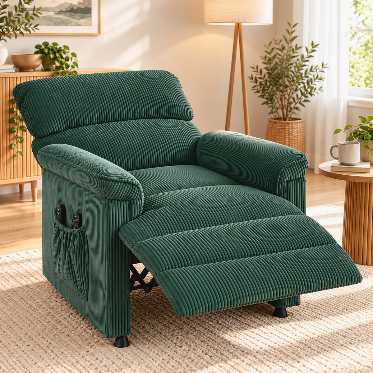 Corduroy Electric Recliner Armchair with Massage and Heat - Green - view 2