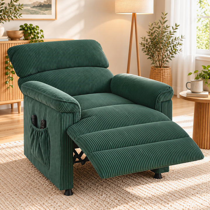 Corduroy Electric Recliner Armchair with Massage and Heat - Green - view 2