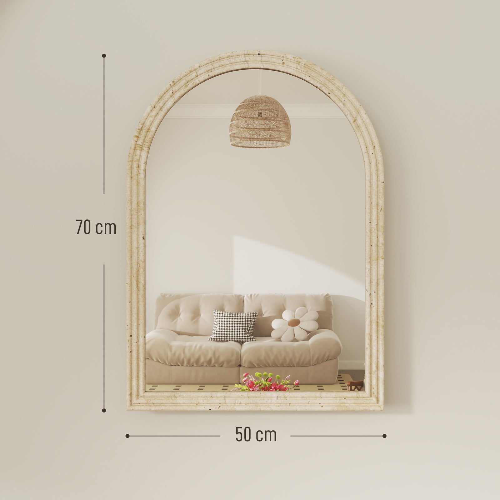 Arched Wall Mirror with Grooved Edge & Hooks, Wall-Mounted Mirror, Mod