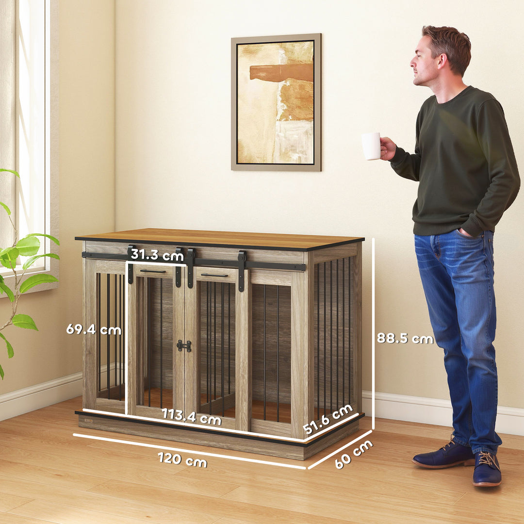 MCL Dog Crate Furniture for Large Dogs, Double Dog Cage for Small Dogs, with Sliding Doors - Oak Tone