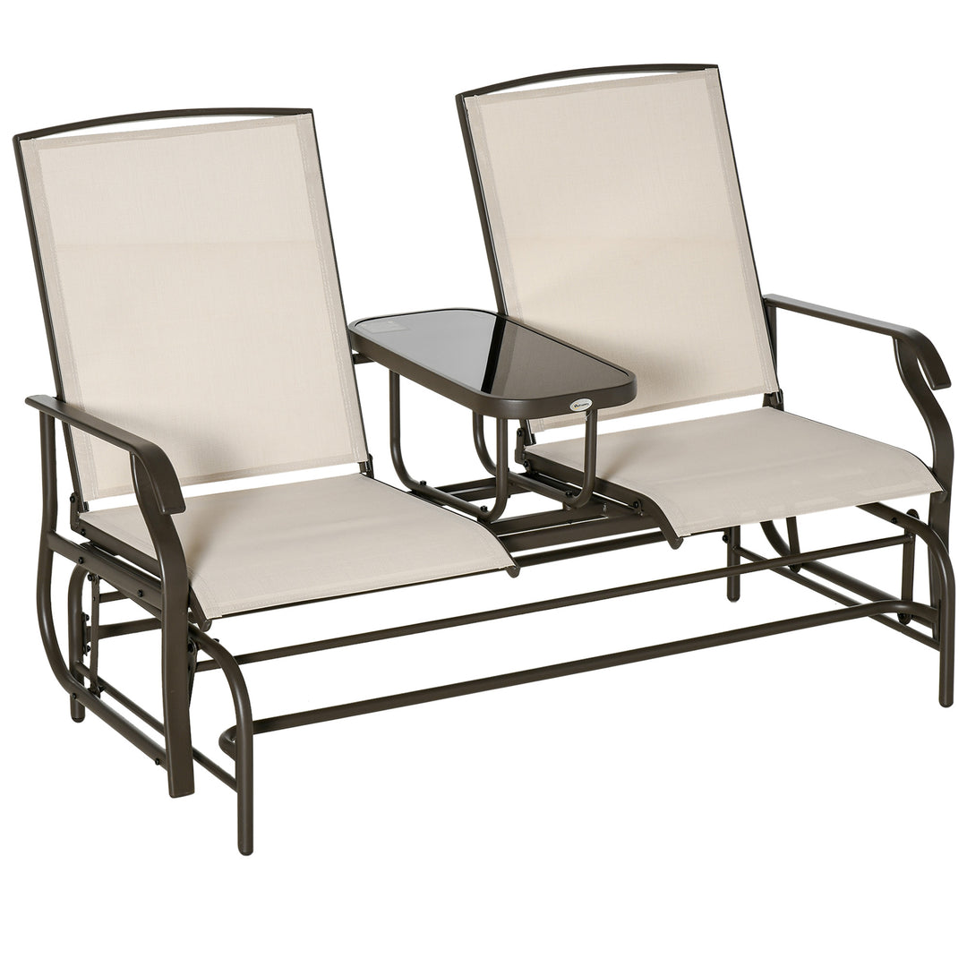 2 Seats Garden Glider Bench, Metal Frame Loveseat with Glass Top Centre Table, Porch Rocking Glider for 2 Person, for Deck, Patio, Brown/ Khaki