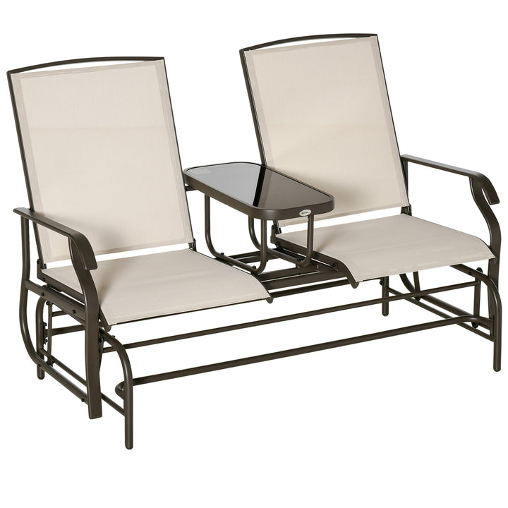 2 Seats Garden Glider Bench, Metal Frame Loveseat with Glass Top Centre Table, Porch Rocking Glider for 2 Person, for Deck, Patio, Brown/ Khaki