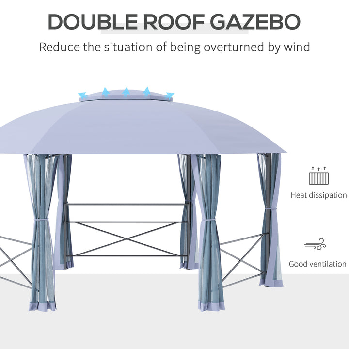 Outsunny 4 x 4.7(m) Patio Metal Gazebo Canopy, Hexagon Shape Garden Tent Sun Shade, Outdoor Shelter with 2 Tier Roof, Netting, Steel Frame, Grey