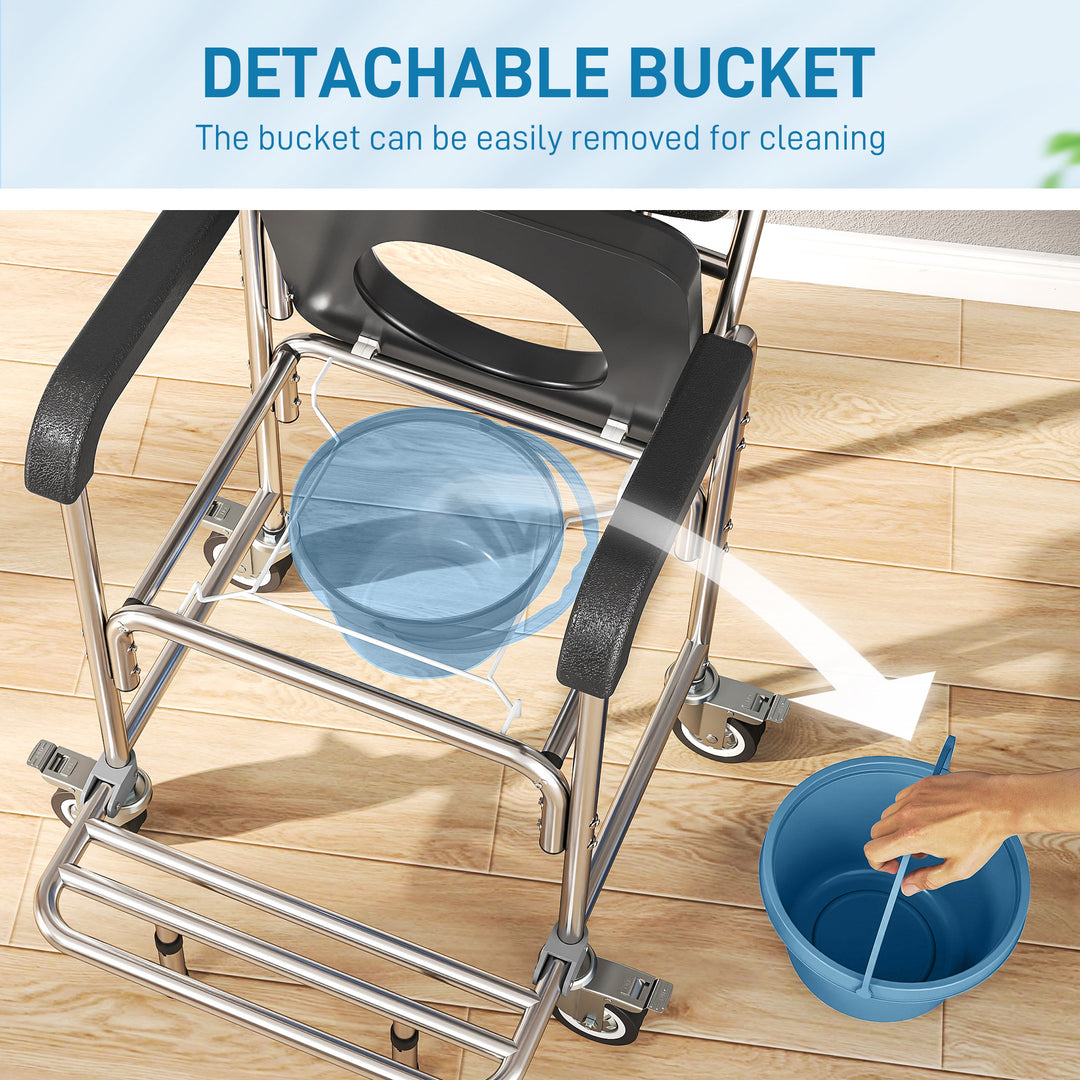 Transport Beside Shower Chair, 3-in-1 Commode Chair with Wheels and Pa
