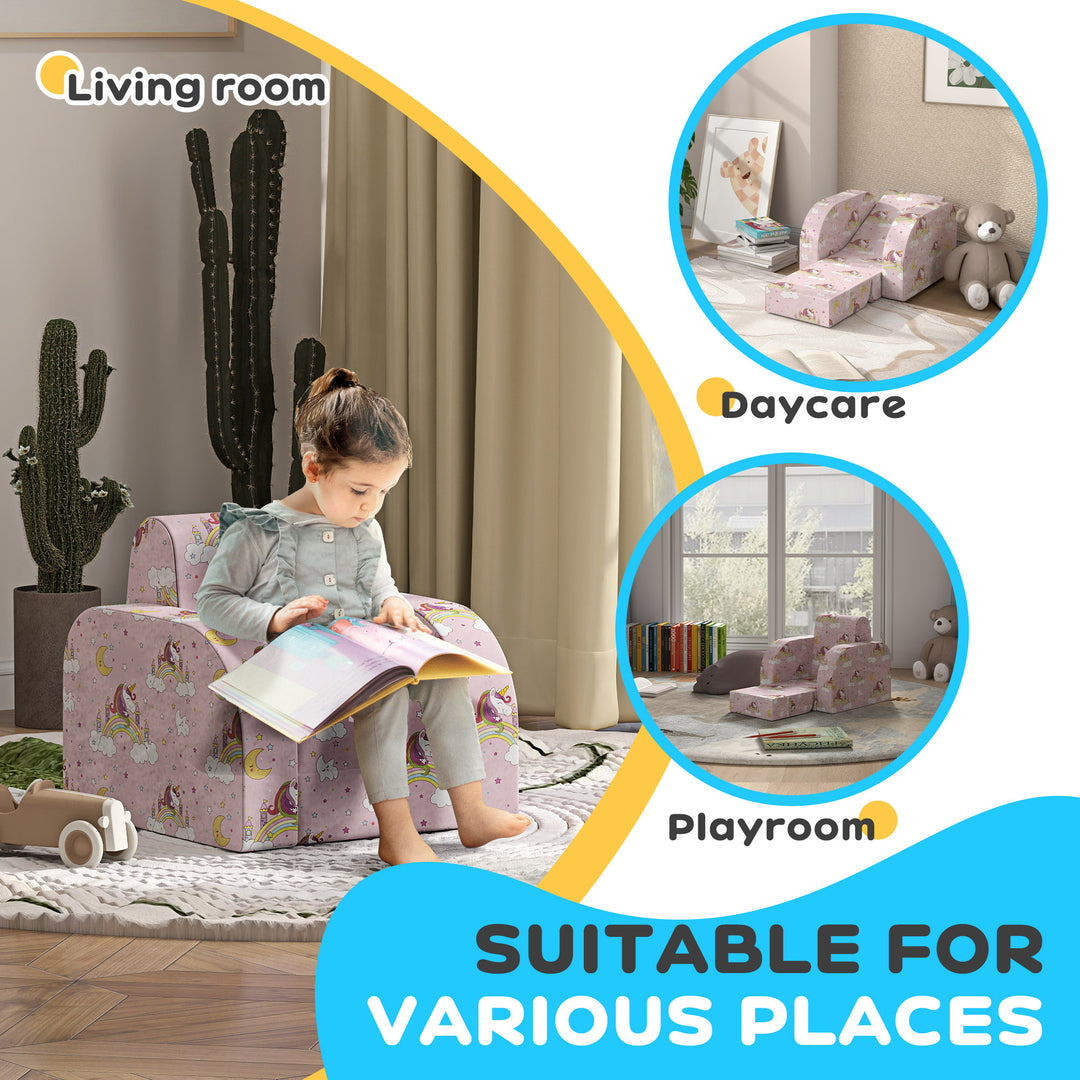 AIYAPLAY Childrens Sofa Couch Foldable Toddler Chair Soft Snuggle Sponge Filled for Bedroom Playroom, Aged 18 Months to 3 Years, Pink | Aosom UK