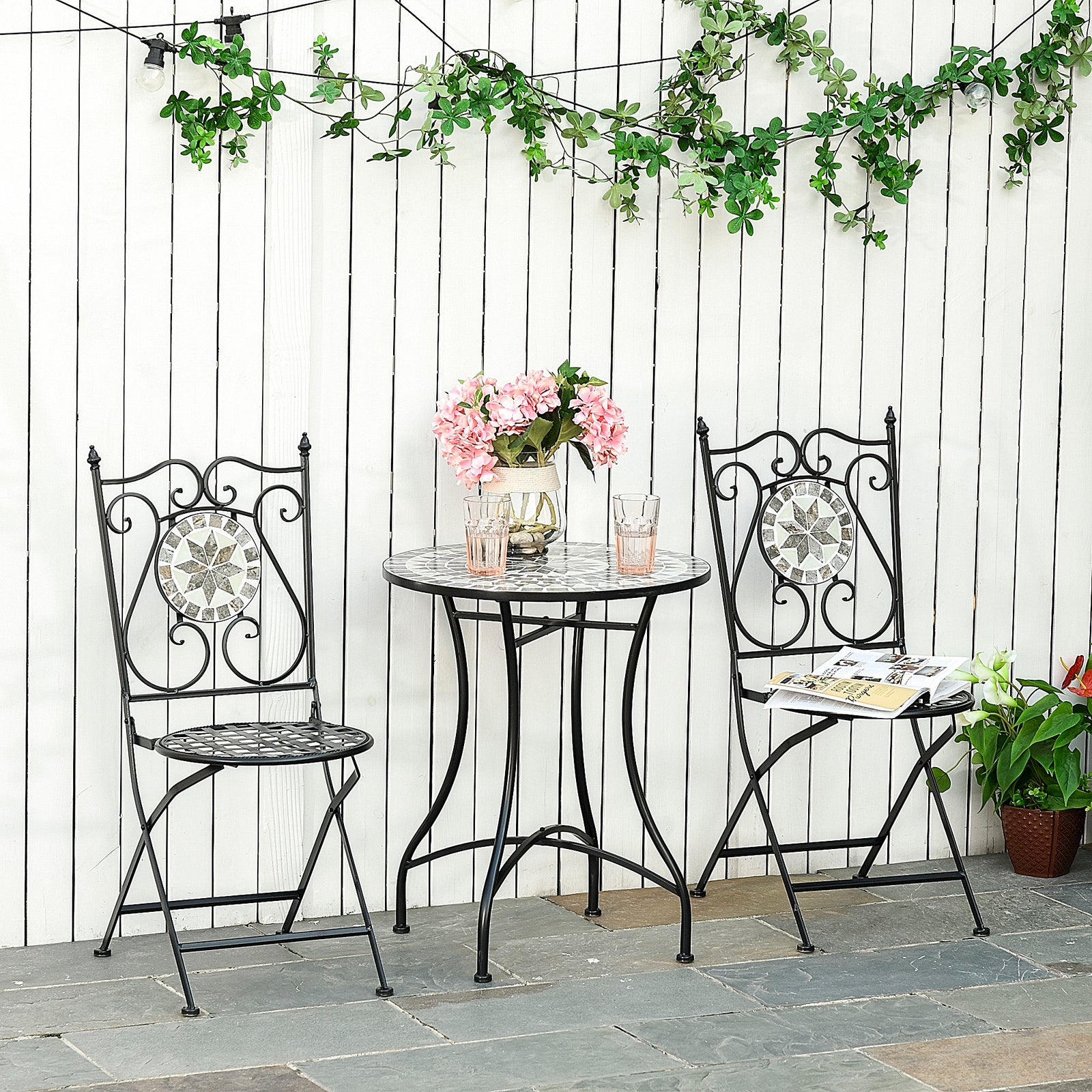 3 Pcs Mosaic Tile Garden Bistro Set Outdoor Seating w/ Table 2 Folding Chairs Set Metal Frame Elegant Scrolling Indoor Patio Balcony